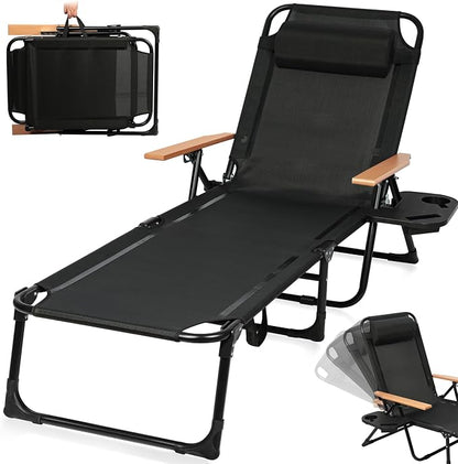 Beach Lounge Chairs with Armrests, 4-Position Folding Lounge Chairs for Outside, Sunbathing Portable Lounge Chaise, Tanning Chair Pillow & Cup Holder, for Outside Beach Pool (Black)