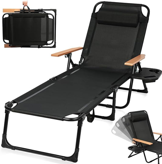 Beach Lounge Chairs with Armrests, 4-Position Folding Lounge Chairs for Outside, Sunbathing Portable Lounge Chaise, Tanning Chair Pillow & Cup Holder, for Outside Beach Pool (Black)