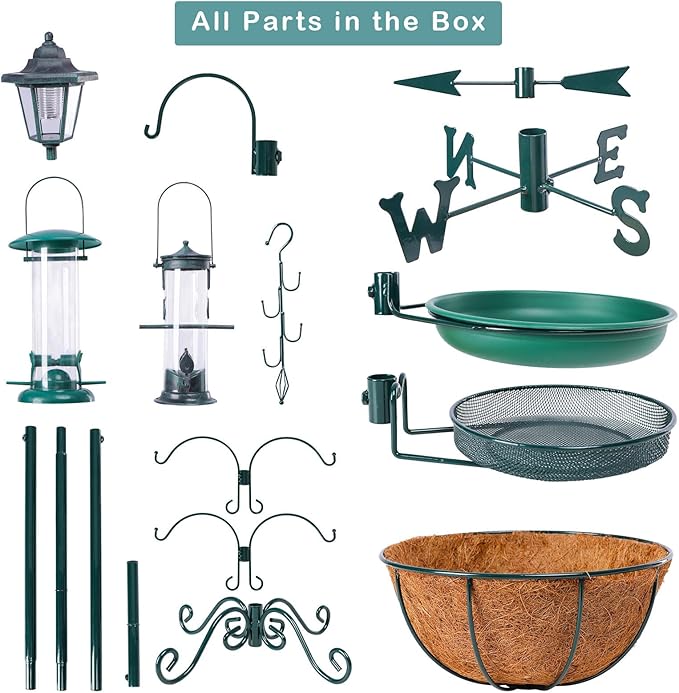 Yinns Bird Feeder with Pole Outdoor, Shepherds Hook for Birdfeeder, Multi Feeder Hanging with Solar Lamp, Tube Feeder, Bird Bath and Flower Pot for Attracting Wild Birds, 58 inch