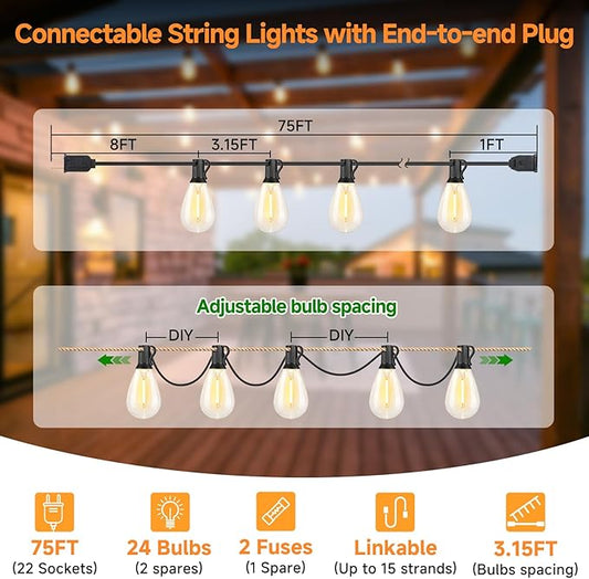 75FT LED Outdoor String Lights S11 Dimmable Patio Light, with 22+2 Waterproof Shatterproof Edison 2700K Bulbs for Outside Backyard Deck, Black