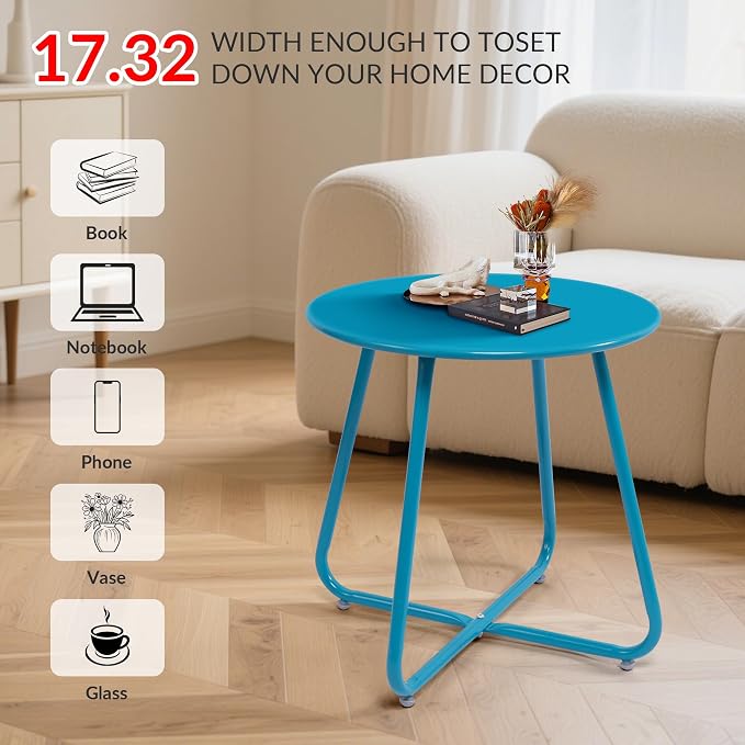 Patio Small Side Table Waterproof Round Metal Steel Weather Resistant Portable Outdoor and Indoor End Table for Garden Balcony Yard,Sky Blue(2 PCS)