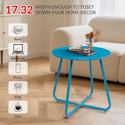 Patio Small Side Table Waterproof Round Metal Steel Weather Resistant Portable Outdoor and Indoor End Table for Garden Balcony Yard,Sky Blue(2 PCS)