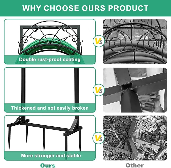 Garden Hose Holder, Detachable Metal Hose Holder for Outside, Rustproof Heavy-Duty Freestanding Water Hose Hanger Rack Holds Up to 150Ft Hose for Yard, Lawn