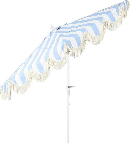 JONATHAN Y Half Umbrella UMB1201J Beverly 9 ft. Designer Classic Scalloped Fringe Market Patio with Crank, Tilt Button and UV Protection in Light Blue/White, White Pole