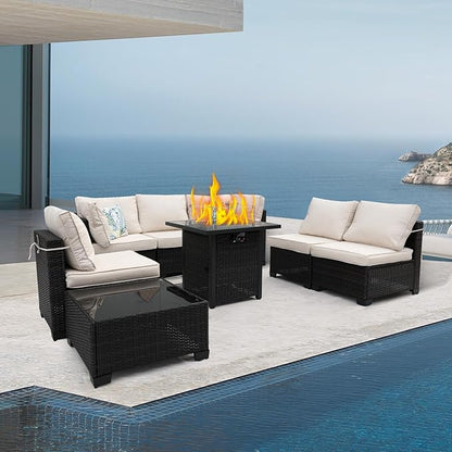 8 Pieces Patio Furniture Set with 28" Fire Pit Table, Wicker Outdoor Sectional Couch, Rattan Conversation Set for Backyard, Deck, Garden Lawn, Brown/Beige
