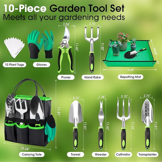 WOWBOX Garden Tools Set - 10 PCS, Heavy Duty Gardening Hand Tools Kit with Storage Tote, Rust-Resistant Gardening Supplies for Planting with Non-Slip Ergonomic Handle for Women and Men (Green)