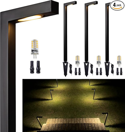 Gardenreet Brass Black Low Voltage Path Lights, Waterproof Landscape Pathway Light, 12V LED Outdoor Bronze L Shape Walkway Lamp for Driveway Yard Garden with 3W 270LM 4000K G4 Bulb 4 Pack