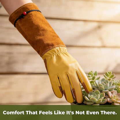 Aegend Long Gardening Gloves, Reinforced Fingertips Cowhide Leather, Elbow-Length Gauntlet Cuff, Breathable & Flexible for Rose Pruning, Planting & Weeding, Fit for Small Hands (Gold Yellow, S)
