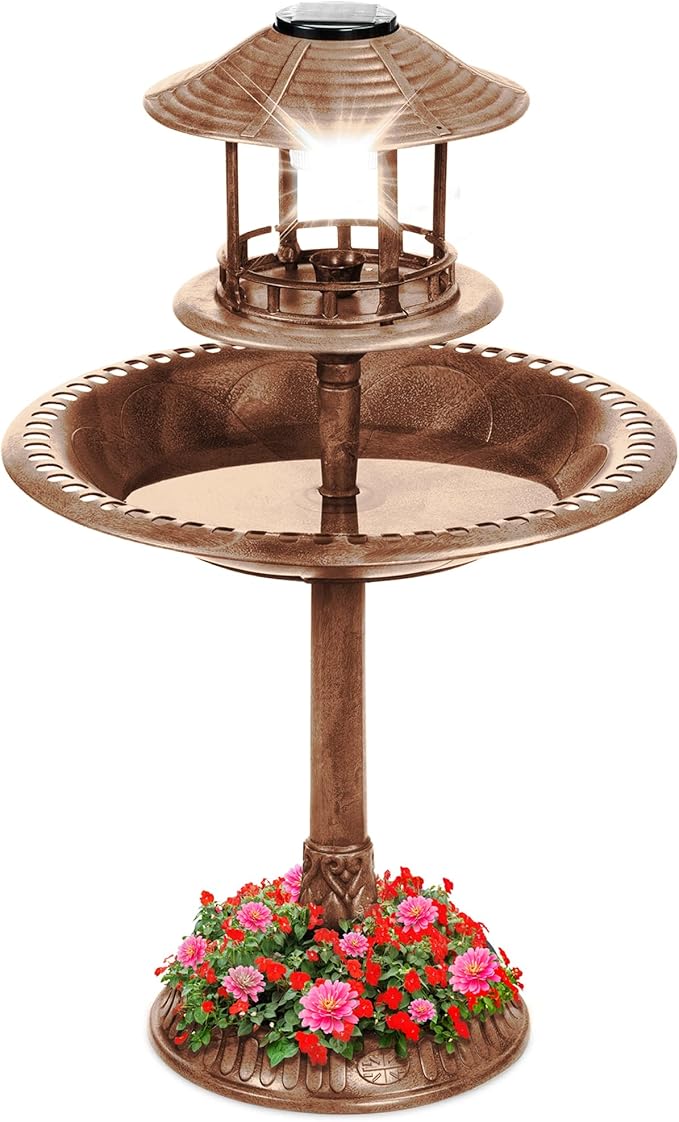 Best Choice Products Solar Outdoor Bird Bath Vintage Resin Pedestal Fountain Decoration for Yard, Garden w/Planter Base, Feeder, Decorative Bird Cage, Fillable Stand - Bronze