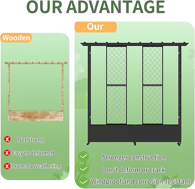 74" Mobile Planter with Trellis,Weatherproof Vertical Raise Garden Bed with Trellis & Hanging Roof for Climbing Plants,Flowers,Vegetables,Rust-Proof Metal Privacy Planter for Patio (Black-B)