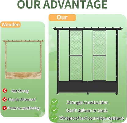 74" Mobile Planter with Trellis,Weatherproof Vertical Raise Garden Bed with Trellis & Hanging Roof for Climbing Plants,Flowers,Vegetables,Rust-Proof Metal Privacy Planter for Patio (Black-B)