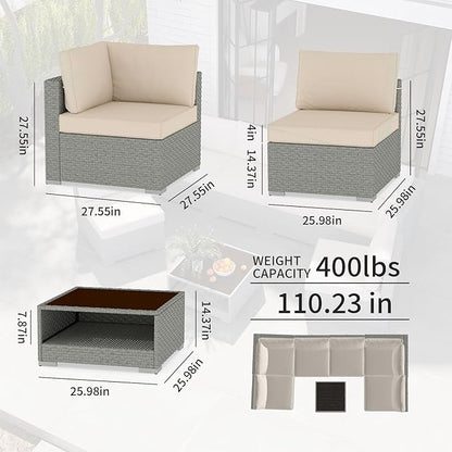 Patio Furniture Set 7-Piece, All-Weather Outdoor Conversation Set Sectional Sofa with Water Resistant Grey Thick Cushions and Coffee Table（Khaki）