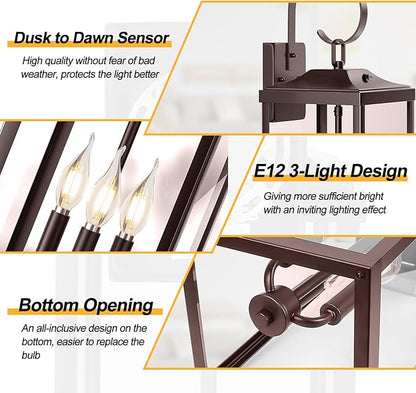 2 Packs 24" Extra Large Dusk to Dawn Light Fixture 3-Light, Oil Rubbed Bronze Outdoor Porch Lantern Wall Mounted, Waterproof Modern Outside Wall Sconce Brown Lamp for House, E12