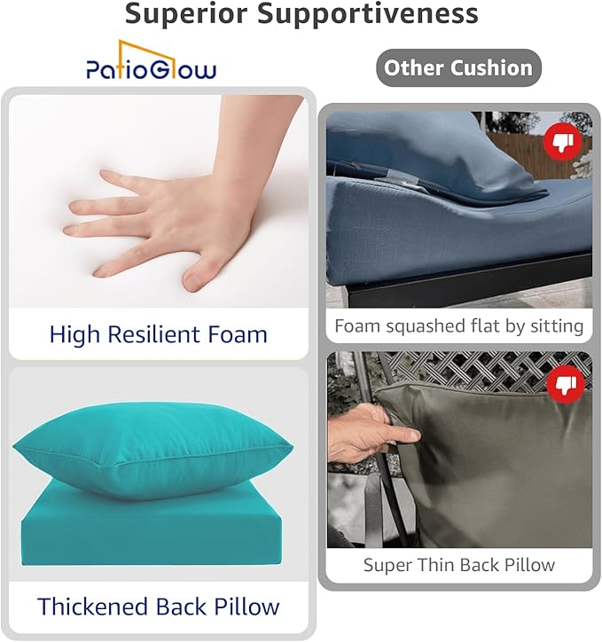 PatioGlow Outdoor Seat Cushion Set 22 x 24 x 4 Inch, Waterproof & Fade Resistant Patio Furniture Cushions with Removable Cover and Ties, Thick Deep Seating Pads for Outside Chair Sofa Couch, Teal