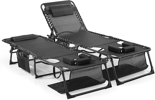 Unovivy Tanning Chairs with Face Hole Set of 2, Teslin Folding Outdoor Lounge Chair with 5-Position Reclining Back for Sunbathing, Pool, Patio, Camping