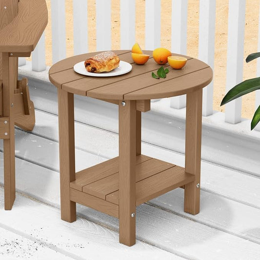 MXIMU Round Outdoor Side Table Adirondack Tables 18 Inch Chairside End Tables with Storage Shelf, 2-Tier Plastic Patio Side Table, Weather Resistant for Balcony Backyard Lawn (Teak, 2 Pack)