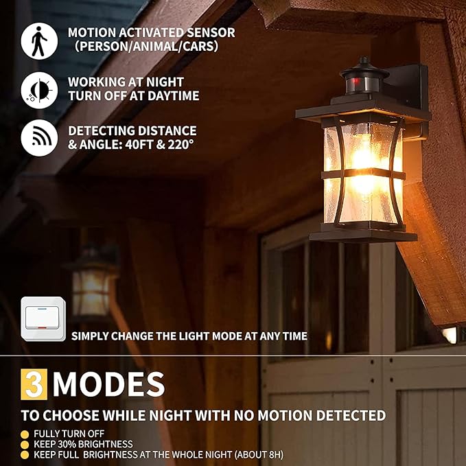 2 Packs Motion Sensor Outdoor Wall Lights - Upgrade Dusk to Dawn Porch Lighting, LED Exterior Lantern Fixture Wall Sconce, Waterproof Outside Light For House, Black Anti-Rust Lamp For Garage Doorway