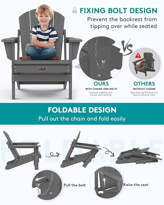 SERWALL Folding Adirondack Chair Set of 6 Weather Resistant Patio Chairs with Wood Texture Fire Pit Chairs- (Folding Gray)