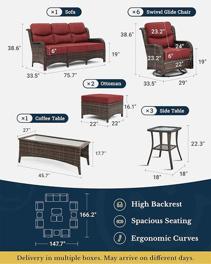 HILLGA Luxury Patio Furniture Set with 6-Inch Thick Cushions, High Back Outdoor Swivel Rocker Chairs and Patio Couch, 13-Piece All Weather Conversation Set for Porch Deck Pool Yard, Burgundy (V3)