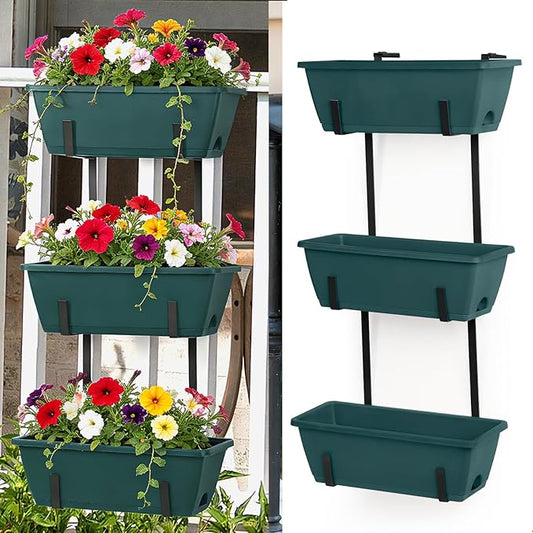 OYEAL Window Boxes Planters with Adjustable Brackets Set of 2 Fence Planters, Over the Deck Railing Planter Box with 6 Pack Hanging Plastic Flower Pots, Drainage Holes for Indoor Outdoor, Green