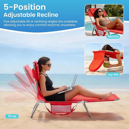 DUMOS Lounge Chair Outdoor, Beach Tanning Chair with Face Hole, Red | 5-Position Adjustable Sunbathing Tanning Chair, Foldable Portable Chaise Lounge by Pool Patio Lawn Camping Reading, Arm Hole