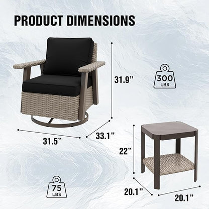 EAGLE PEAK Classic Wicker Patio Bistro Set of 2, Outdoor Patio Furniture with 360° Swivel Rocker Chair and Side Table, Lounge Set for Porch, Deck, or Balcony, Beige/Black