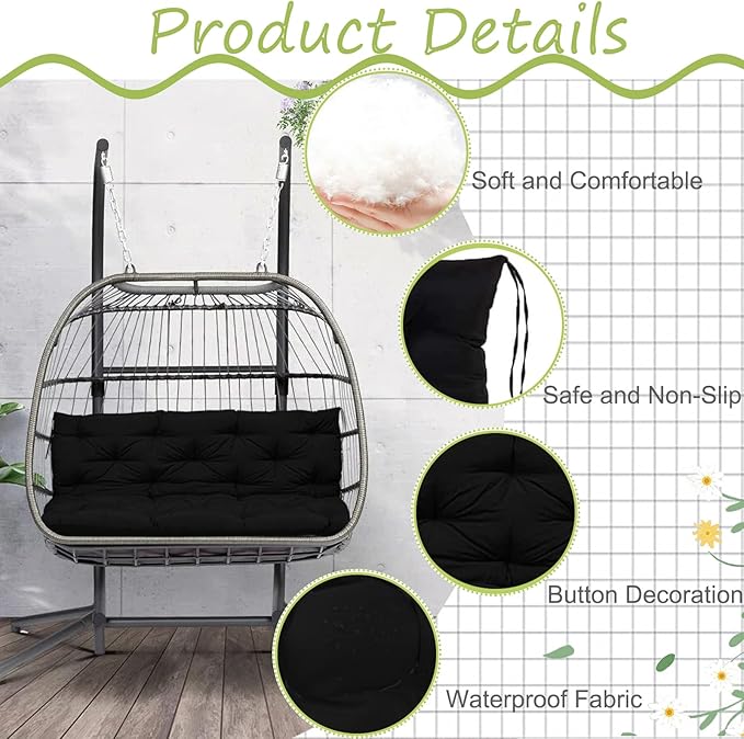 Swing Replacement Cushions with Backrest, 2 or 3 Seater Waterproof Non-Slip Overstuffed Swing Pad, Indoor/Outdoor Bench Cushion for Porch Chair Garden Furniture (Black, 40 * 71 in)