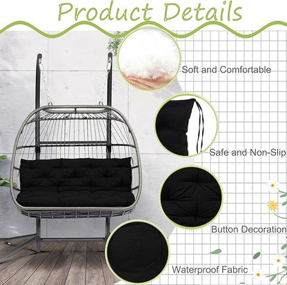 Swing Replacement Cushions with Backrest, 2 or 3 Seater Waterproof Non-Slip Overstuffed Swing Pad, Indoor/Outdoor Bench Cushion for Porch Chair Garden Furniture (Black, 40 * 71 in)