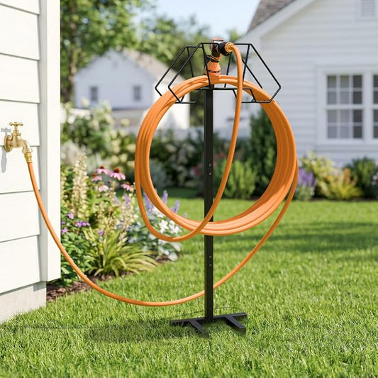 Giraffe Tools Garden Hose Holder Freestanding Heavy Duty Water Hose Holder Metal Stand, Holds 150FT Hose with 4 Spikes,Sturdy Hose Storage Stand for Outside Yard,Lawn,Garden,Black