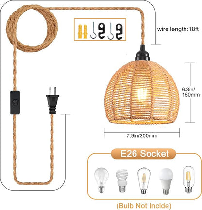 Plug in Pendant Light, Industrial Hanging Light with Plug in Cord Hemp Rope On/Off Switch Farmhouse Pendant Lamp with Plug in Cord, Vintage Hanging Lamps for Dining Room