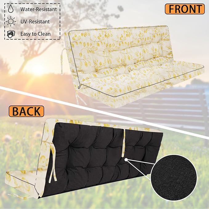Swing Replacement Seat Cushions, 2-3 Seater Bench Cushions for Outdoor Furnitur with Backrest, Garden Recliner Seat Cushions Waterproof Sofa Pads (Yellow Leaves, 63x40in)