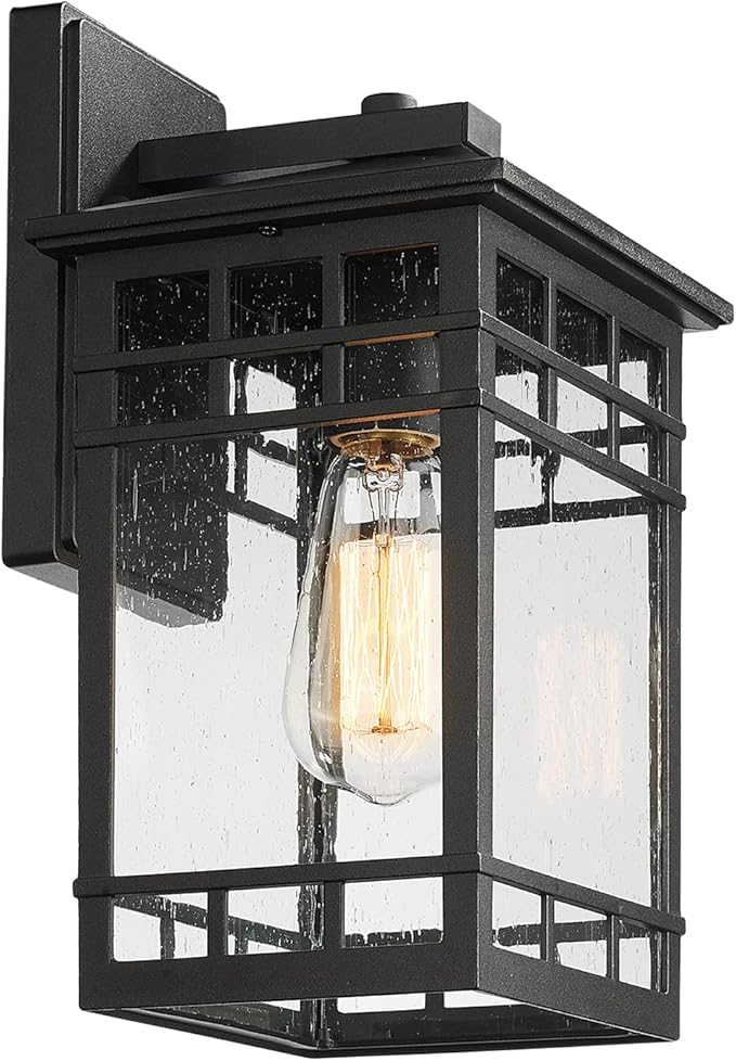 Outdoor Wall Lantern, Exterior Wall Mount Light Fixture, Black Outside Porch Sconce Lighting with Seeded Glass, Waterproof Outdoor Wall Light for Patio Front Door Entryway