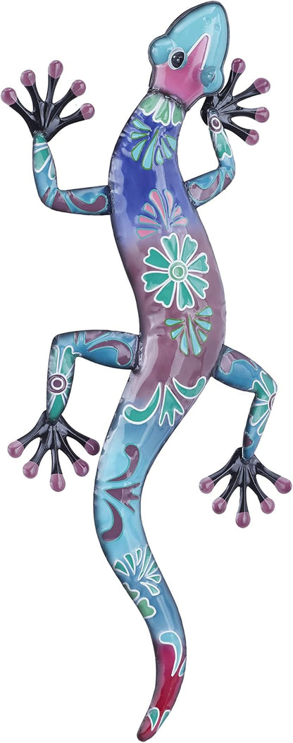 Deco 79 Metal Lizard Indoor Outdoor Floral Patterned Wall Decor with Purple and Teal Accents, 18" x 3" x 33", Blue
