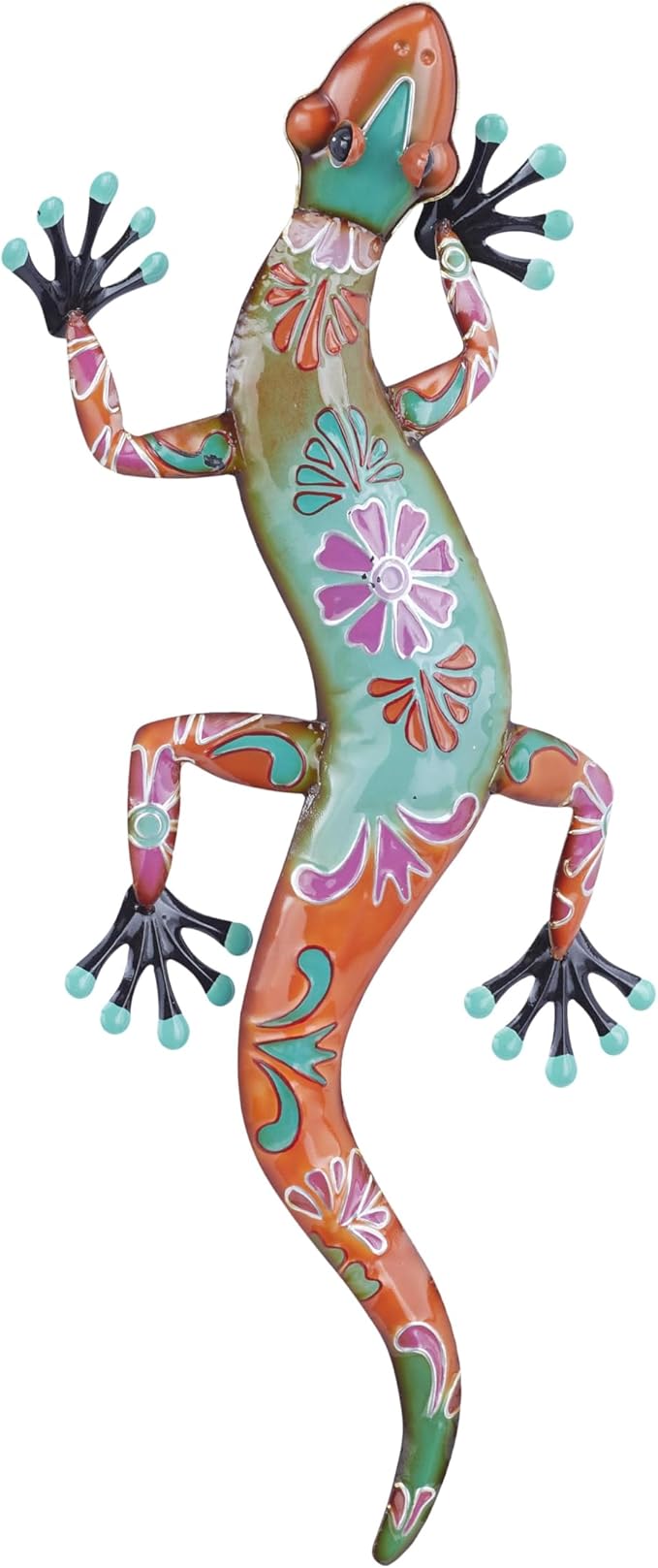 Deco 79 Metal Lizard Home Wall Decor Indoor Outdoor Floral Patterned Wall Sculpture with Teal and Pink Accents, Wall Art 18" x 3" x 33", Orange