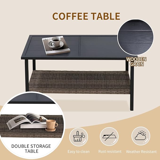 COOS BAY Sunset Haven Outdoor Patio Furniture Set, Outdoor Conversation Set, Rattan Wicker Sofa, Loveseat, 2 Patio Chairs and Coffee Table, Brown/Gray