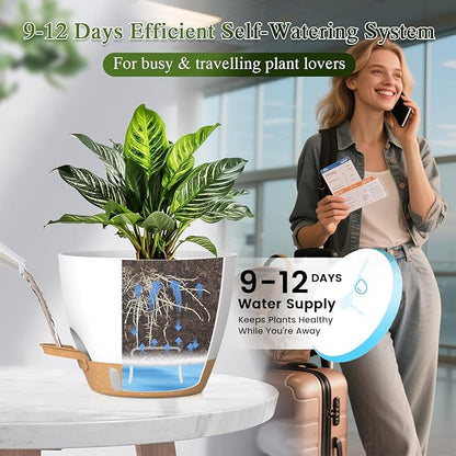 Plant Pots, 1 Pack 12 Inch Self Watering Pots with Drainage Holes, Water Level Indicator Deep Reservoir, Large Planters for Indoor Outdoor Plants - White Brown