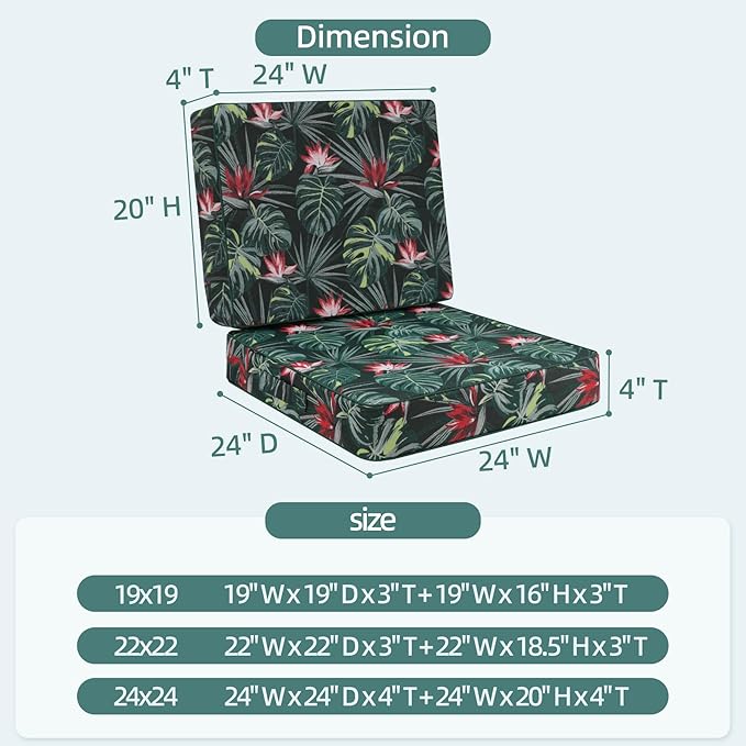 Favoyard Deep Seat Patio Cushion 24 x 24 x 4 in Waterproof Seat & Back Cushion Set with Color Fade Resisitant Pattern, Portable Handle, Attach Straps, Zipper on Removable Cover for Outdoor Furniture