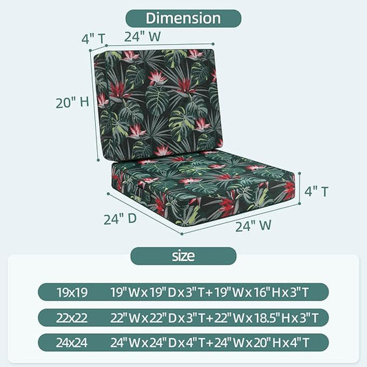Favoyard Deep Seat Patio Cushion 24 x 24 x 4 in Waterproof Seat & Back Cushion Set with Color Fade Resisitant Pattern, Portable Handle, Attach Straps, Zipper on Removable Cover for Outdoor Furniture
