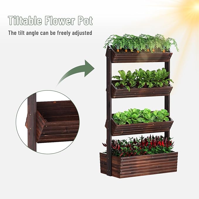 Vertical Wooden Raised Garden Bed, Garden Planters Freestanding Wood Plant Stand Flower Rack Wooden Planter Box for Plants Herbs Flowers Vegetables Outdoor Indoor Gardening (4-Tier Carbonized)