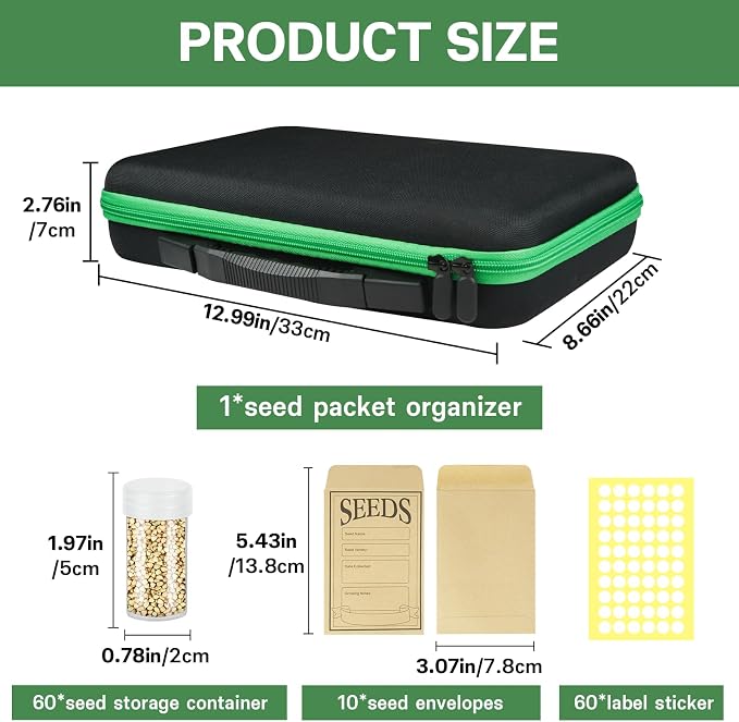 60 Slots Seed Storage Organizer with 10 Envelopes, Garden Seed Packet Container with Label Stickers Zipper Bag for Flower Plants Vegetable