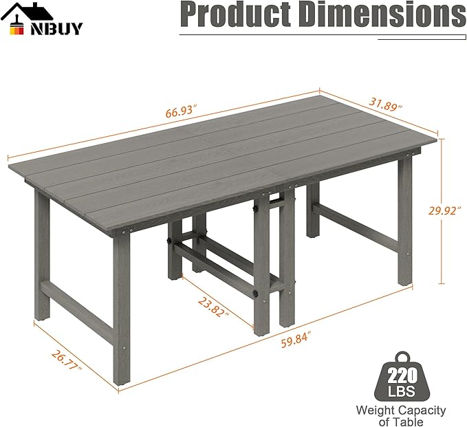 Anbuy Patio HDPE Dining Table Sets,Removable 2-in-1 Outdoor Patio Table,Dining Table for 6,Sun-Resistant and Easy to Clean, Low Maintenance for Balcony, Backyard, Lawn, Garden(Gray)