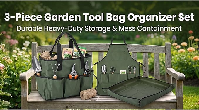 Luocute 3Pcs Garden Tool Bag Organizer, Heavy Duty 600D Oxford Fabric with 10 Pockets and Apron Mat, Foldable Standable Gardening Tote for Men Women, Bright Green