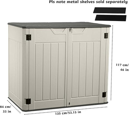 EHHLY Horizontal Resin Storage Shed, 47 Cuft Garden Tool Sheds & Outdoor Storage, Outdoor Plastic Storage Cabinet Waterproof, 4.5 x 2.8 ft Backyard Outside Lawn Mower Storage Shed, Vanilla
