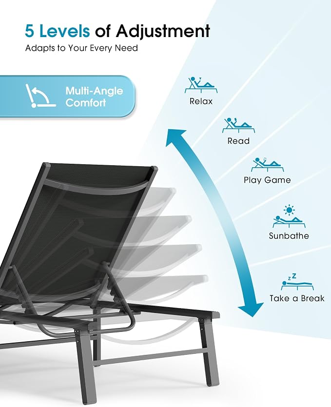Ciokea Foldable Outdoor Lounge Chair Set of 4, No Assembly Aluminum Chaise Lounge Outdoor with 5-Positions, Aluminum Pool Lounge Chairs with Portable Design for Poolside, Beach, Deck, Patio, Black