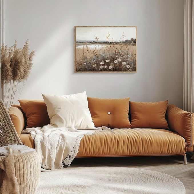 Vintage Canvas Wall Art Flowers Wall Decor Landscape Countryside Wildflowers Oil Painting Farmhouse Picture Modern Print Rustic Floral Prints Living Room Bedroom Bathroom 12x16 Inch Framed