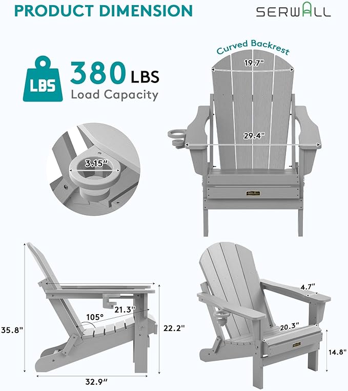 SERWALL Folding Adirondack Chair Set of 6, Weather Resistant HIPS Lawn Chairs with Cup Holder for Patio Garden Outdoors Fire Pit- Spanish Gray