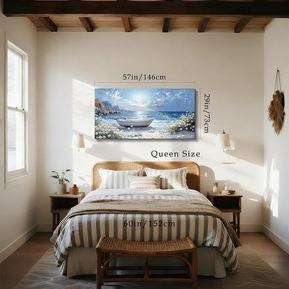 SERIMINO Beach Wall Art, Oversized Wall Art, Coastal Wall Decor, Beachy Boat Rustic Pictures Prints, Blue Seascape Paintings for Living Room Bedroom Dining Room Office Farmhouse Hotel 29"x57"
