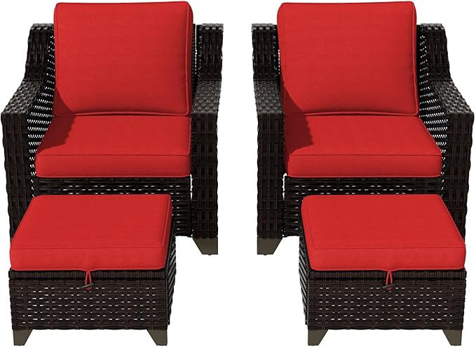 VistaVibe 4 Pieces Outdoor Patio Conversation Furniture Set - 2 Luxurious Armchairs | 2 Wicker Ottomans, Removable Cushions, Hand-Woven PE Rattan, Office, Porch (Brown/Red)