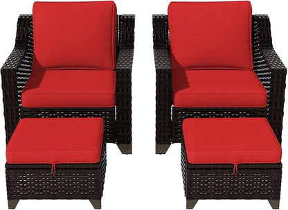 VistaVibe 4 Pieces Outdoor Patio Conversation Furniture Set - 2 Luxurious Armchairs | 2 Wicker Ottomans, Removable Cushions, Hand-Woven PE Rattan, Office, Porch (Brown/Red)