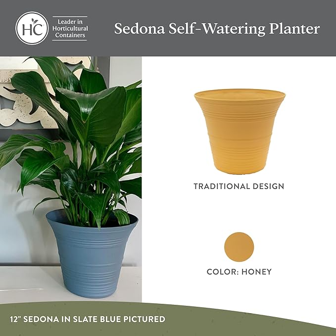 The HC Companies 19 Inch Sedona Round Self Watering Planter Pots, Lightweight UV-Resistant Plastic Indoor & Outdoor Planters, 2-Pack Flower Pots for Garden & Home Decor, Honey